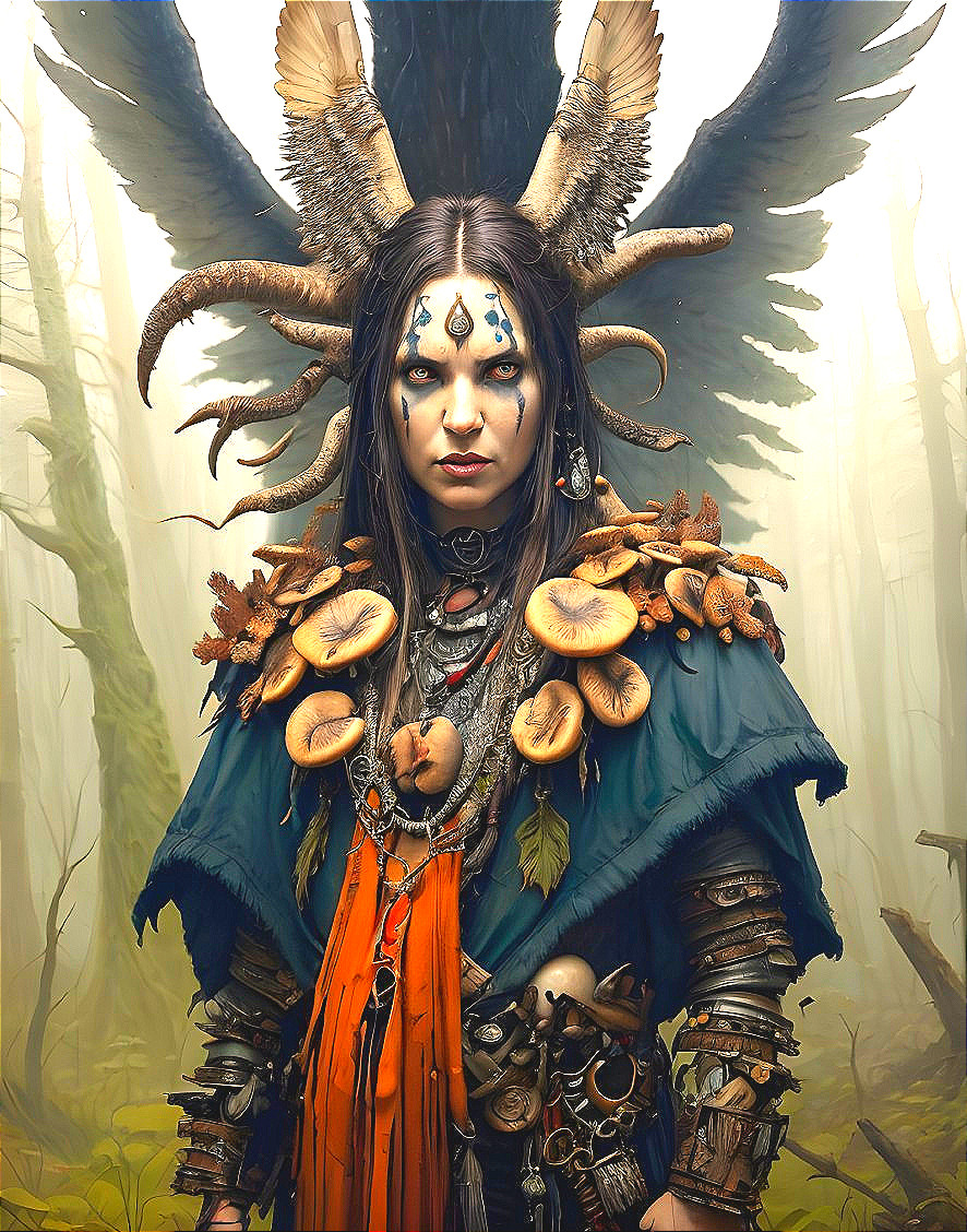 Person in Tribal Attire with Feathers and Face Paint in Misty Forest