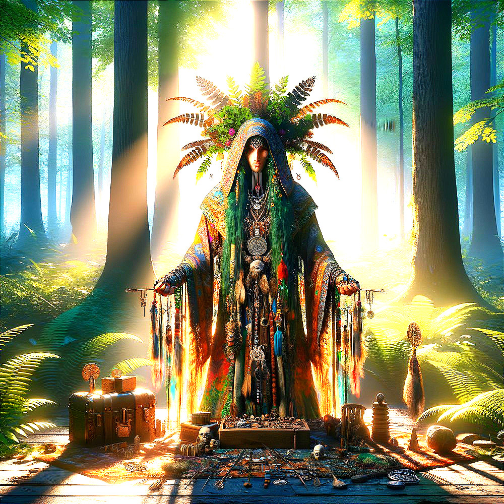 Mystical figure with feathers and beads in sunlit forest