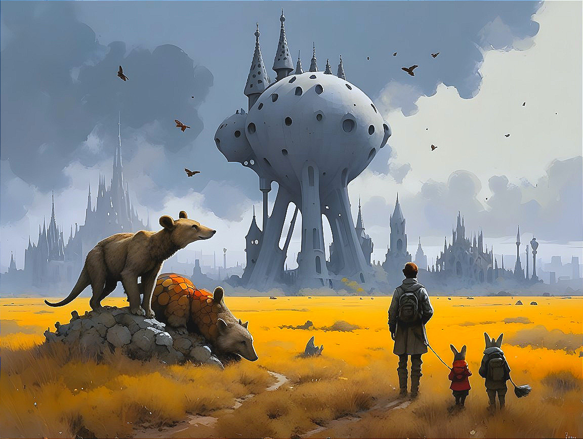 Surreal Landscape with Children and Whimsical Bears