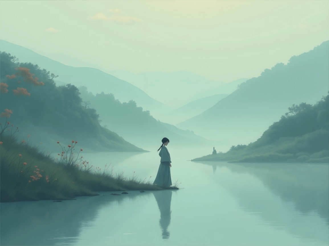Serene Landscape with Misty Hills and Calm River