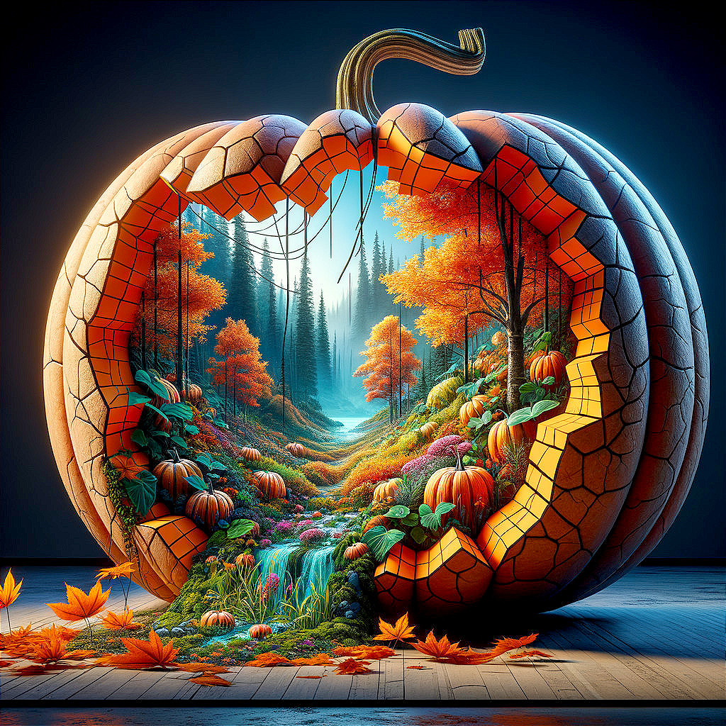 Giant Cracked Pumpkin Reveals Enchanted Landscape