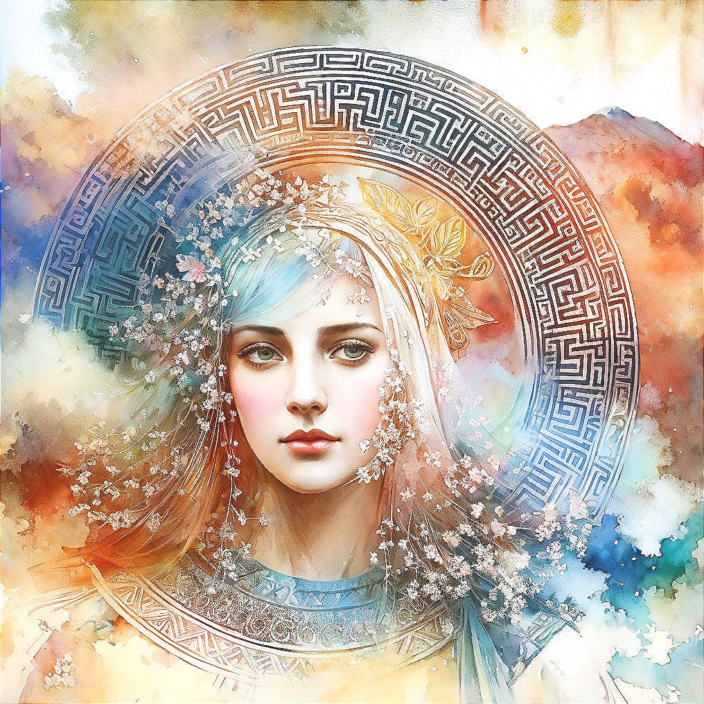 Serene Young Woman with Flowers in Dreamlike Landscape