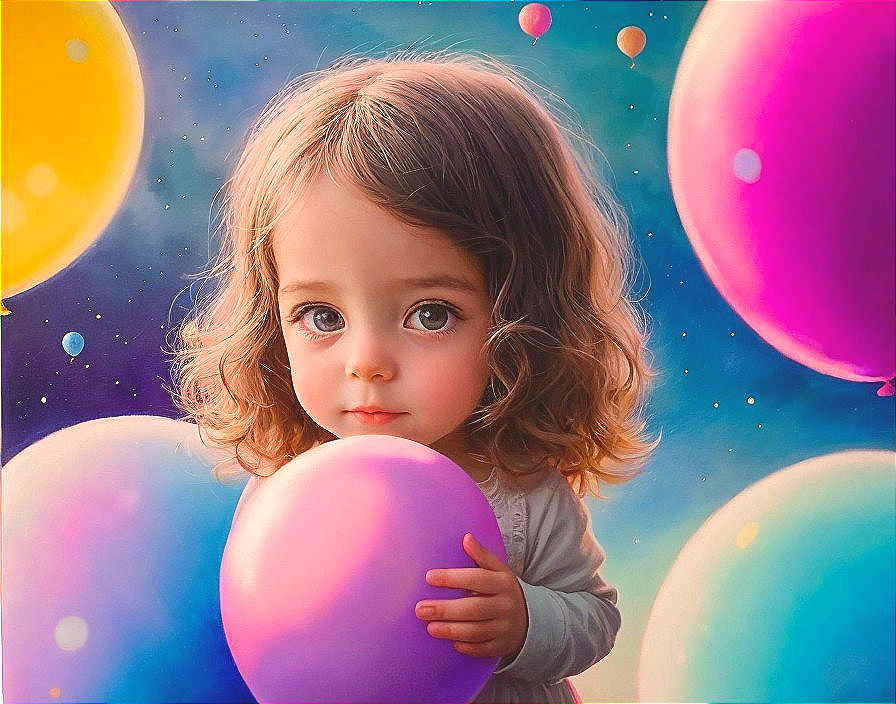 Child with Big Eyes and Curly Hair Holding Purple Balloon among Colorful Balloons