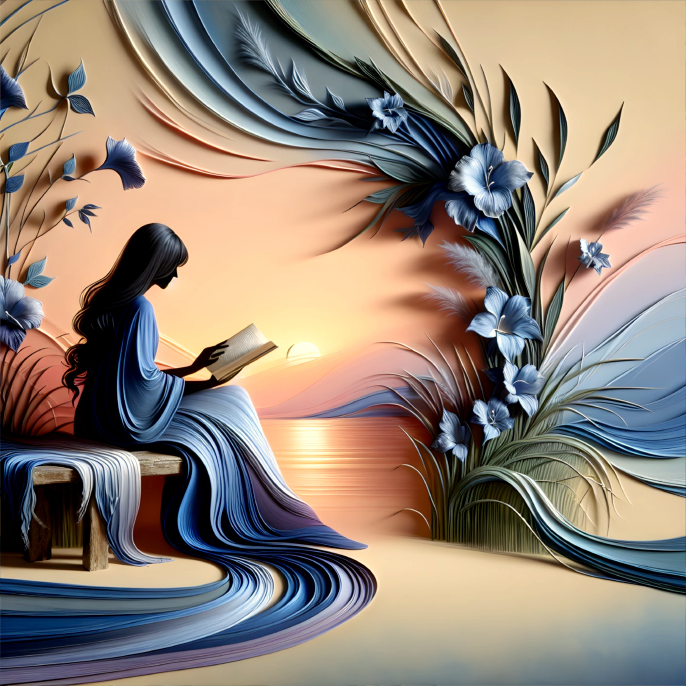 Woman Reading at Sunset by the Tranquil Sea