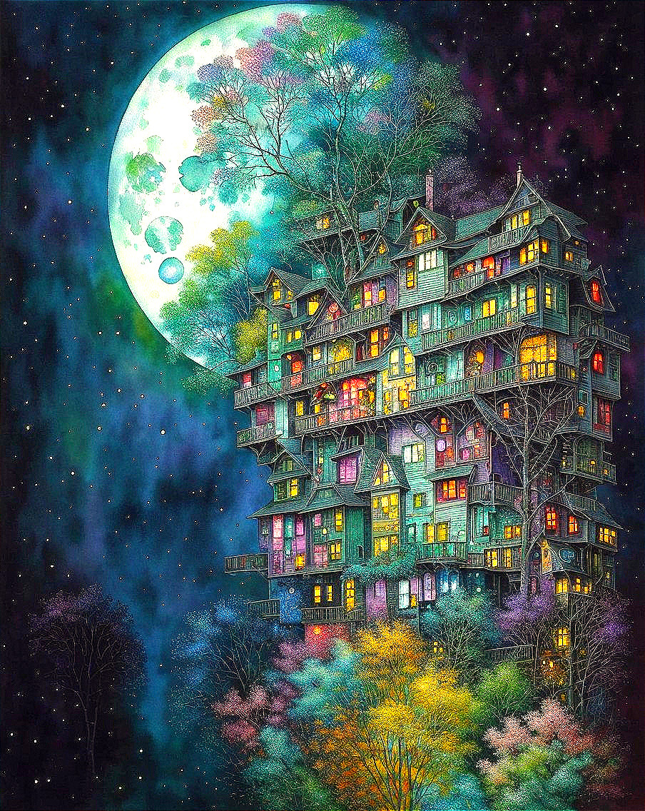 Whimsical Treehouse in Vibrant Foliage at Night