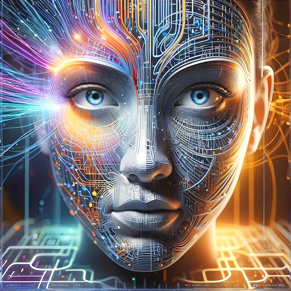 Futuristic Human Face with Circuit Patterns and Glow