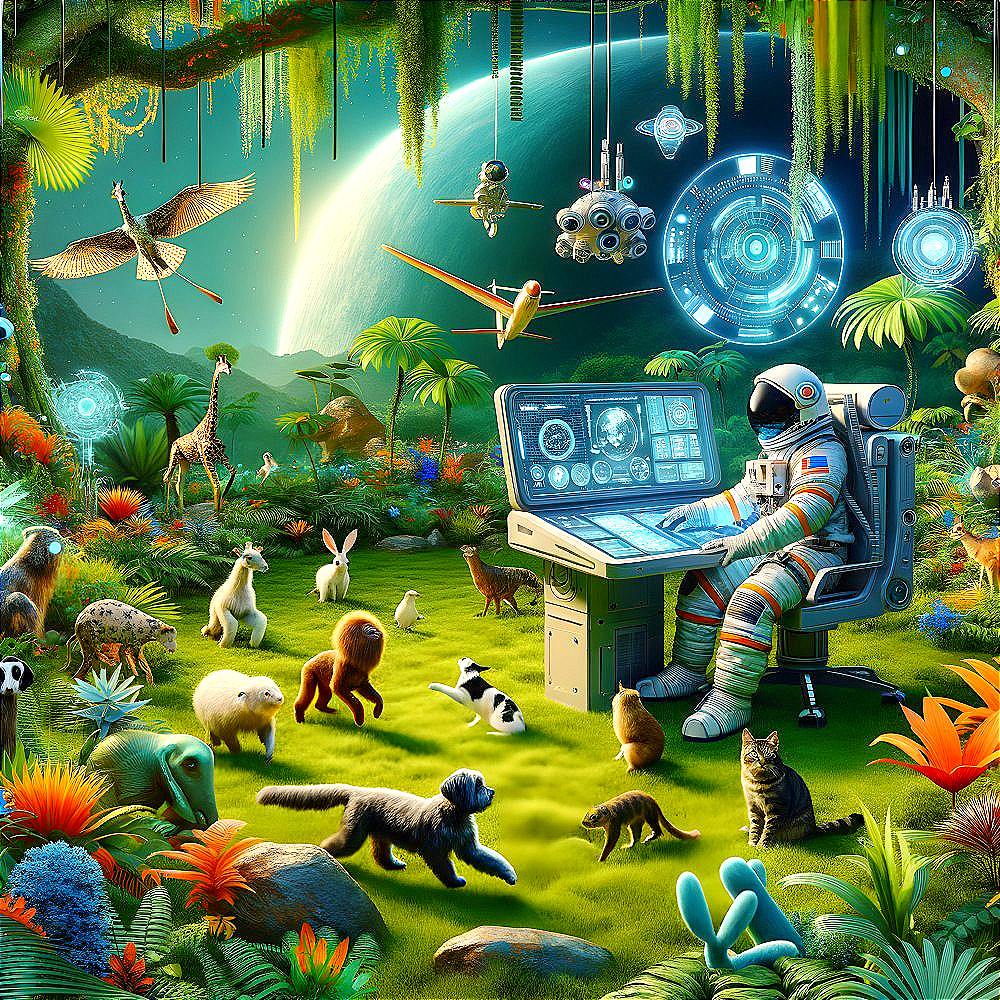 Astronaut in Futuristic Jungle with Diverse Wildlife