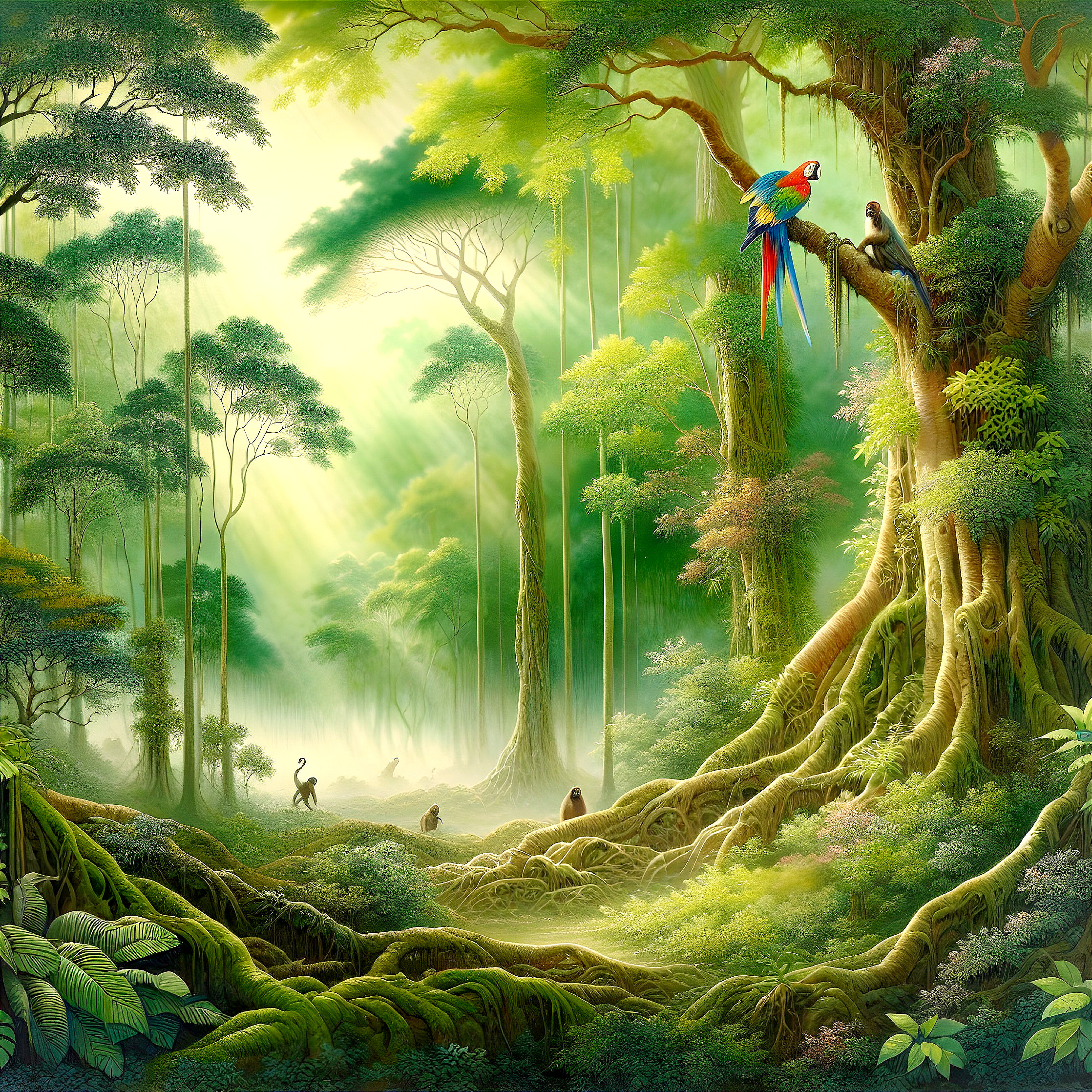 Vibrant Rainforest Scene with Wildlife and Sunlight