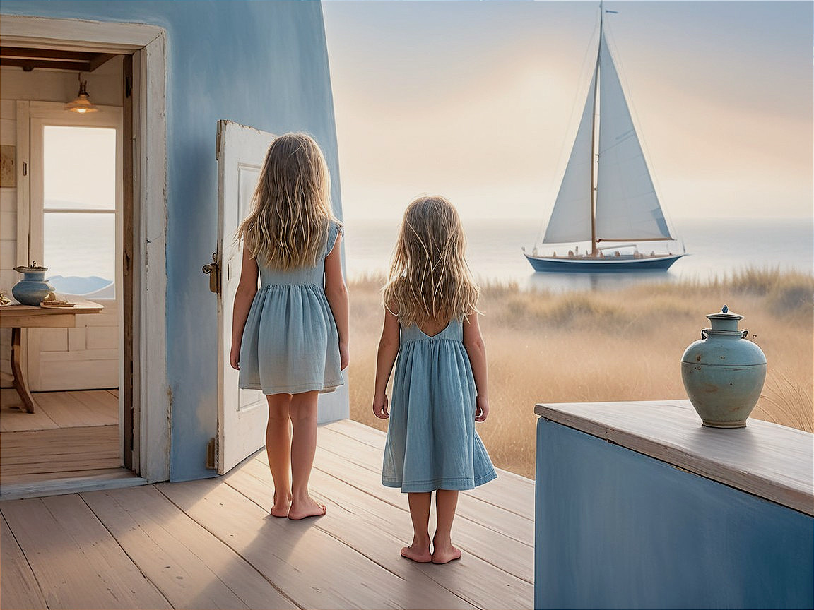 Young girls on porch overlooking sailboat at sunset
