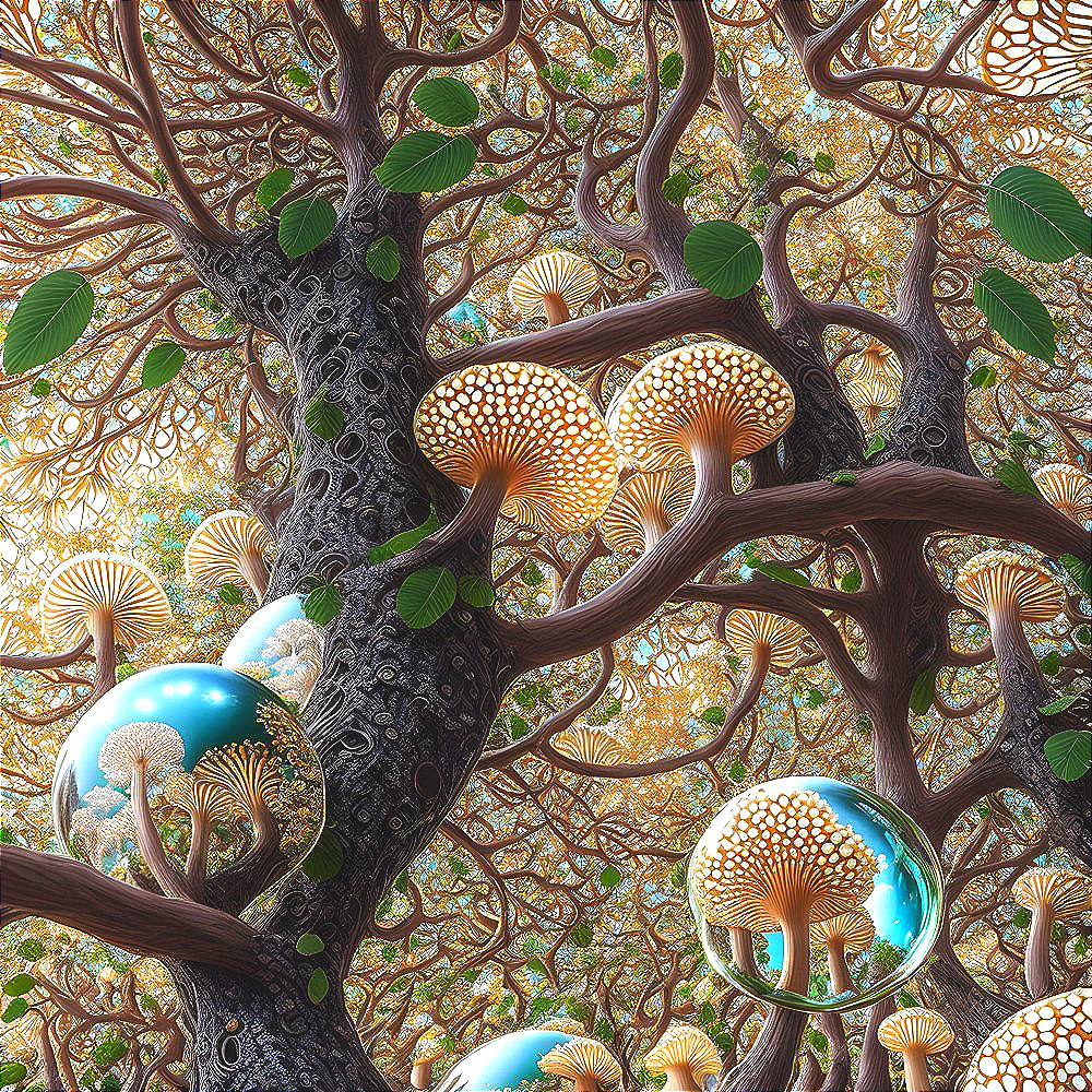 Fantastical tree with glowing mushrooms and orbs