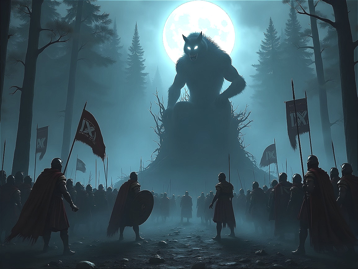 Colossal Wolf Creature Overlooks Armored Soldiers in Forest