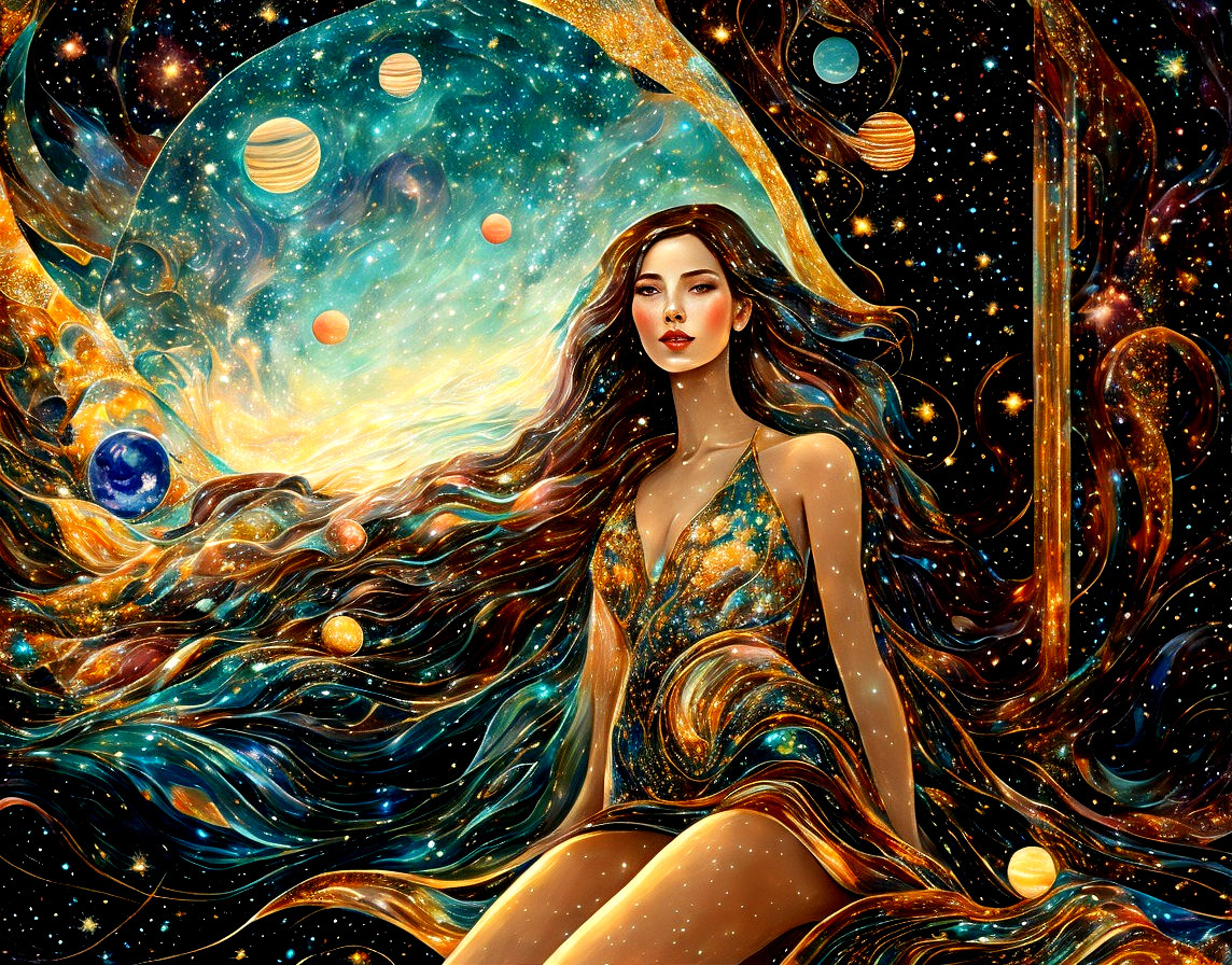 Cosmic-themed artwork featuring a woman with celestial hair in vibrant colors