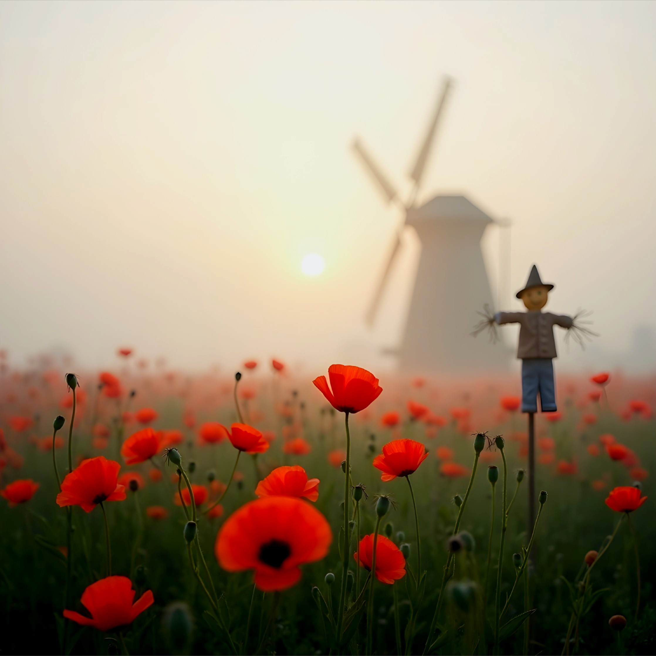 Dawn Landscape with Poppies and Windmill Scene