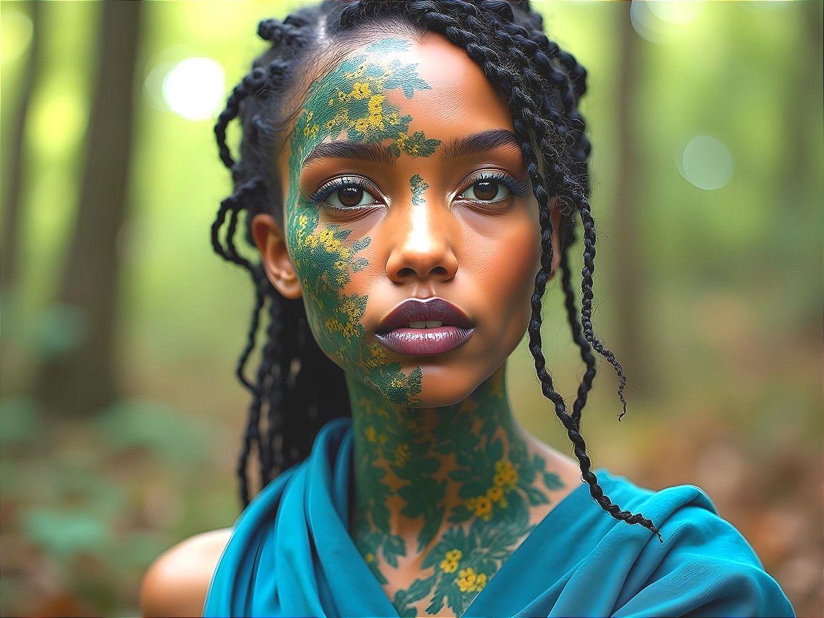 Young woman in forest with floral face paint and teal dress