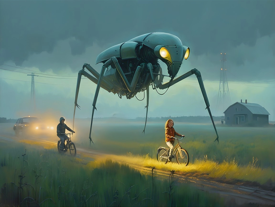 Cyclists in Twilight Landscape with Robotic Insect