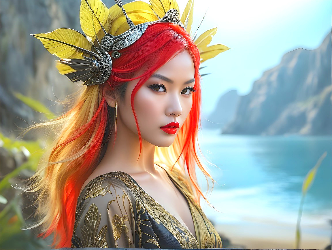 Portrait of a woman with red and golden hair and gown