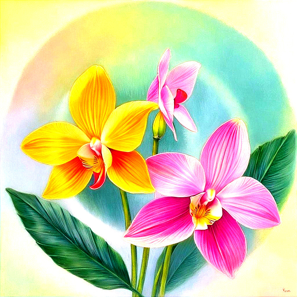 Illustration of Three Colorful Orchids with Leaves