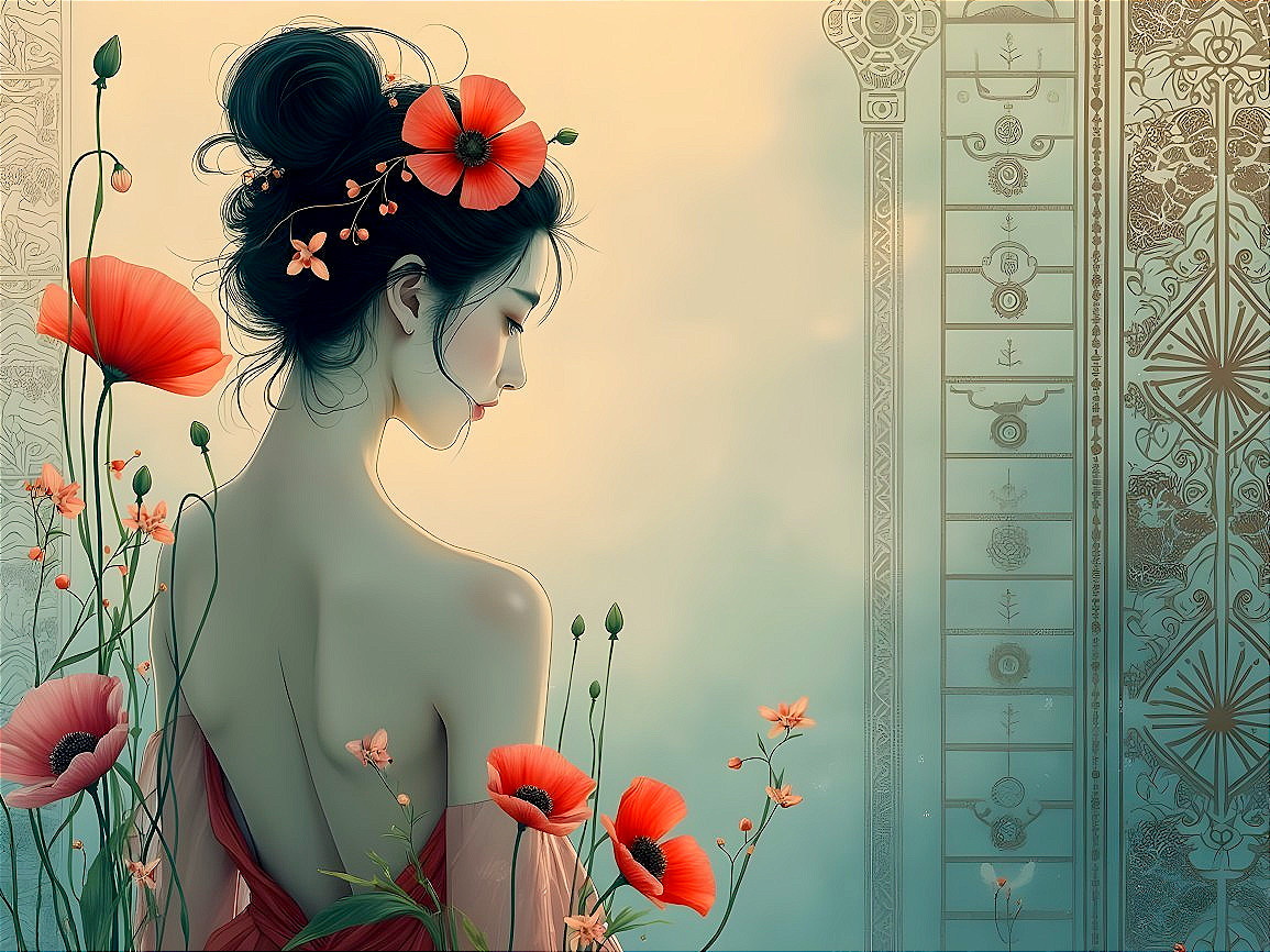 Serene Woman Surrounded by Vibrant Red Poppies