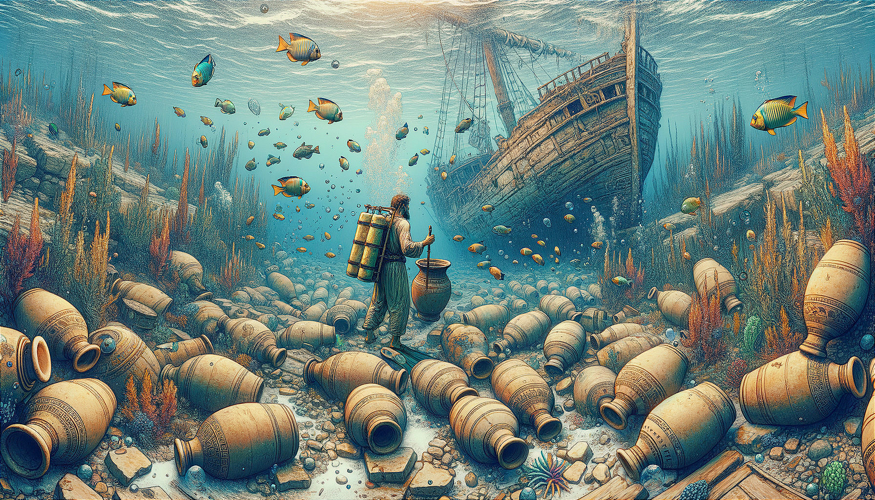 Underwater Scene with Fish and Shipwreck Treasures