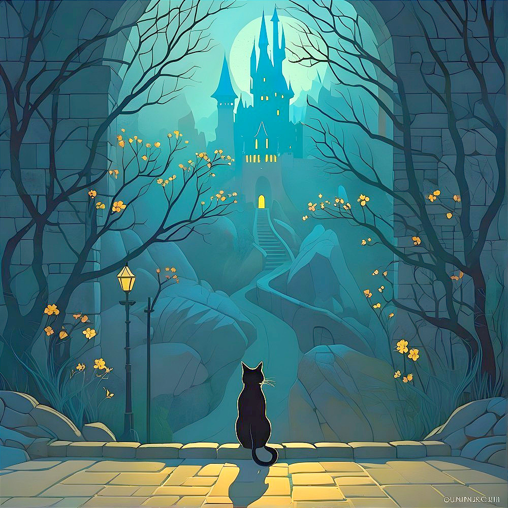 Black Cat on Pathway Near Enchanting Castle Scene