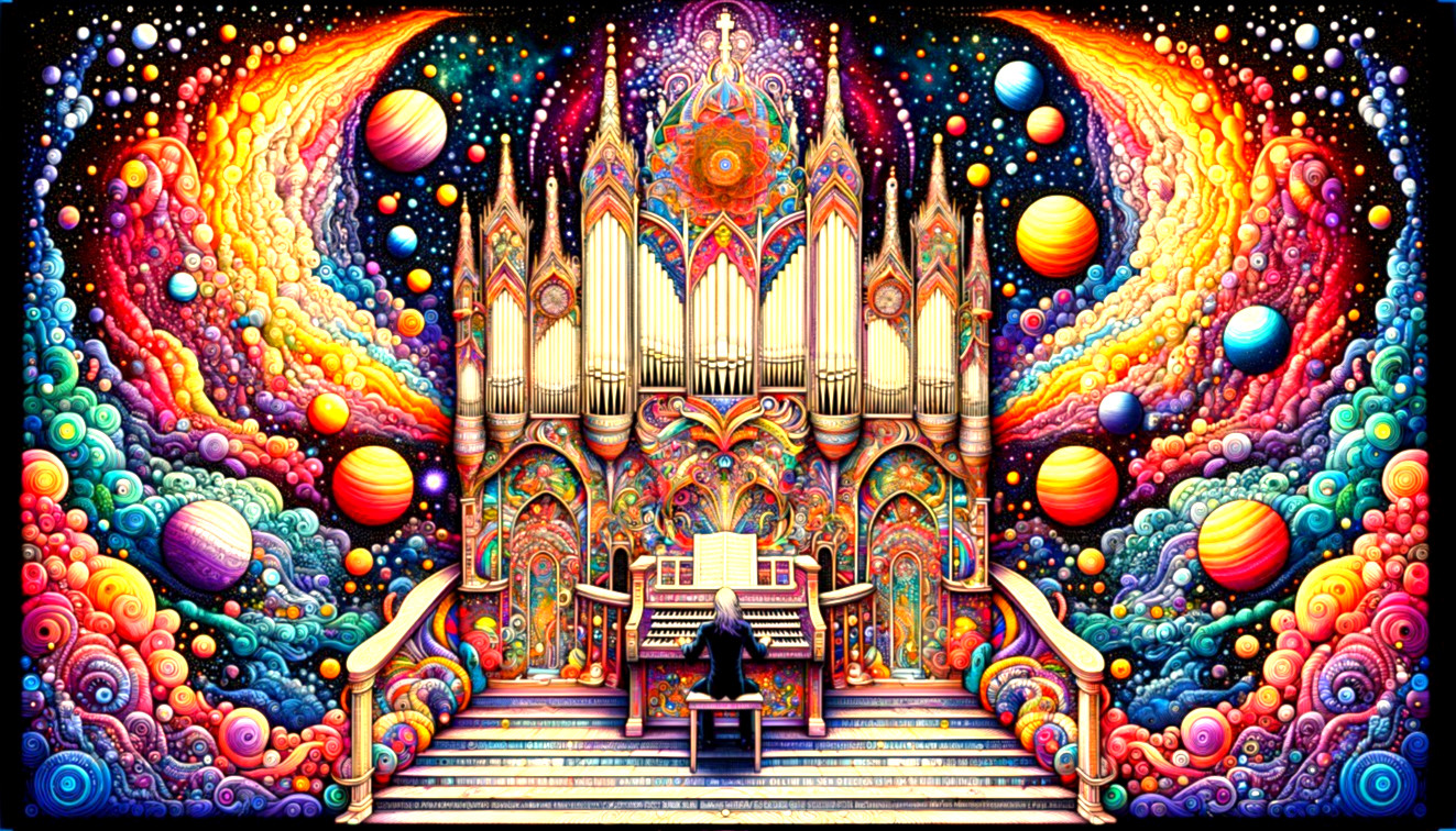 Vibrant Psychedelic Scene with Ornate Organ and Cosmos