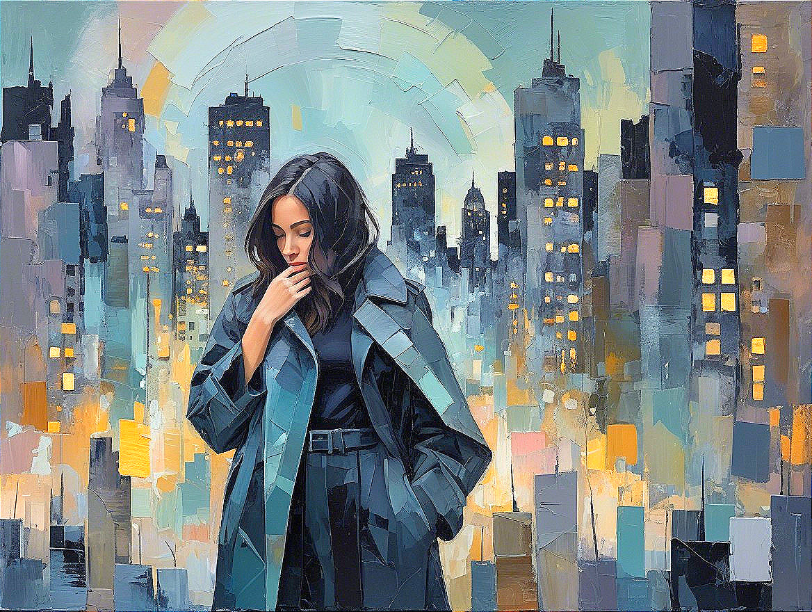 Woman in Dark Coat Amidst Abstract Cityscape at Night