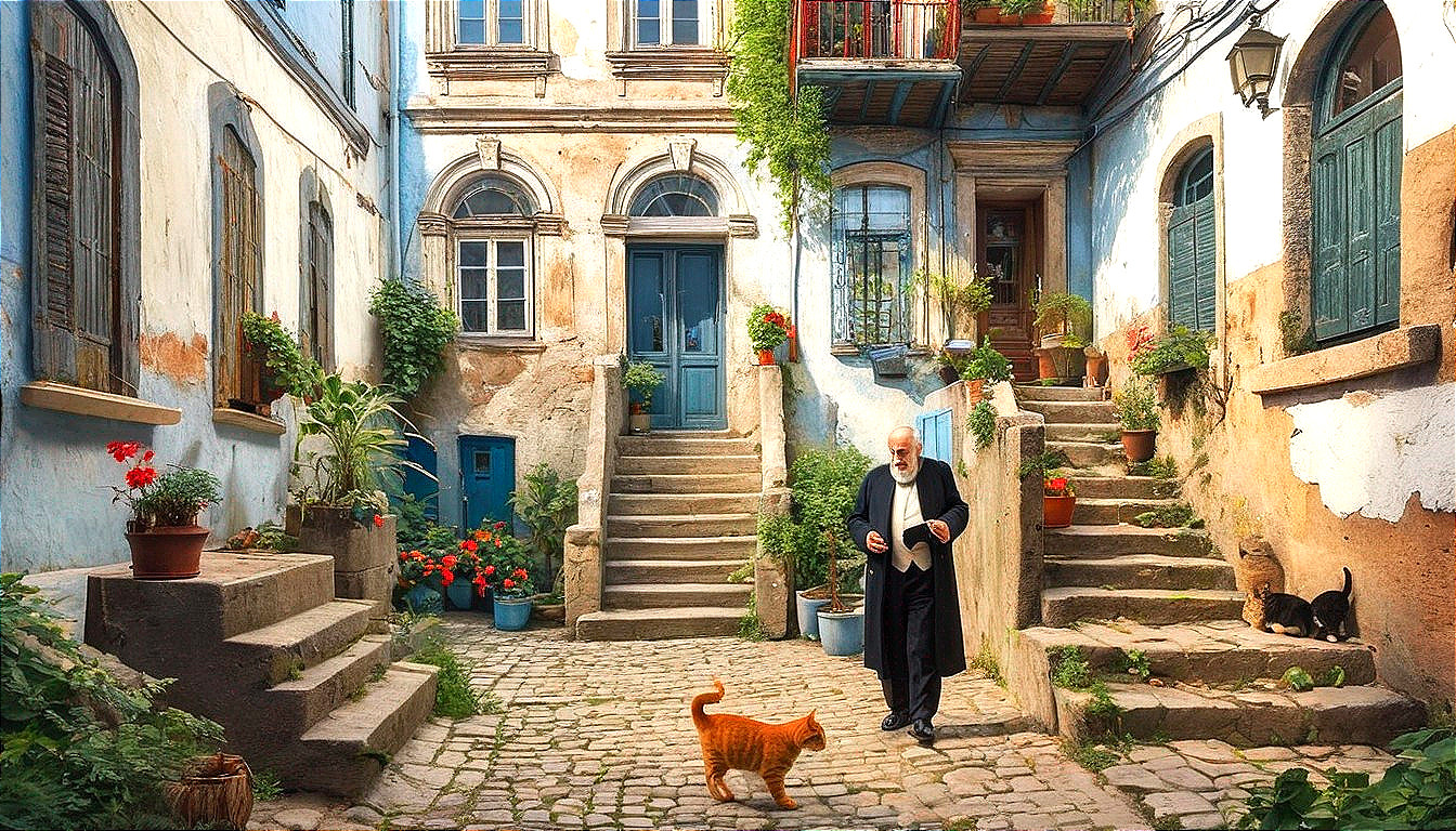 Charming Sunlit Alleyway with Rustic Buildings and Cats