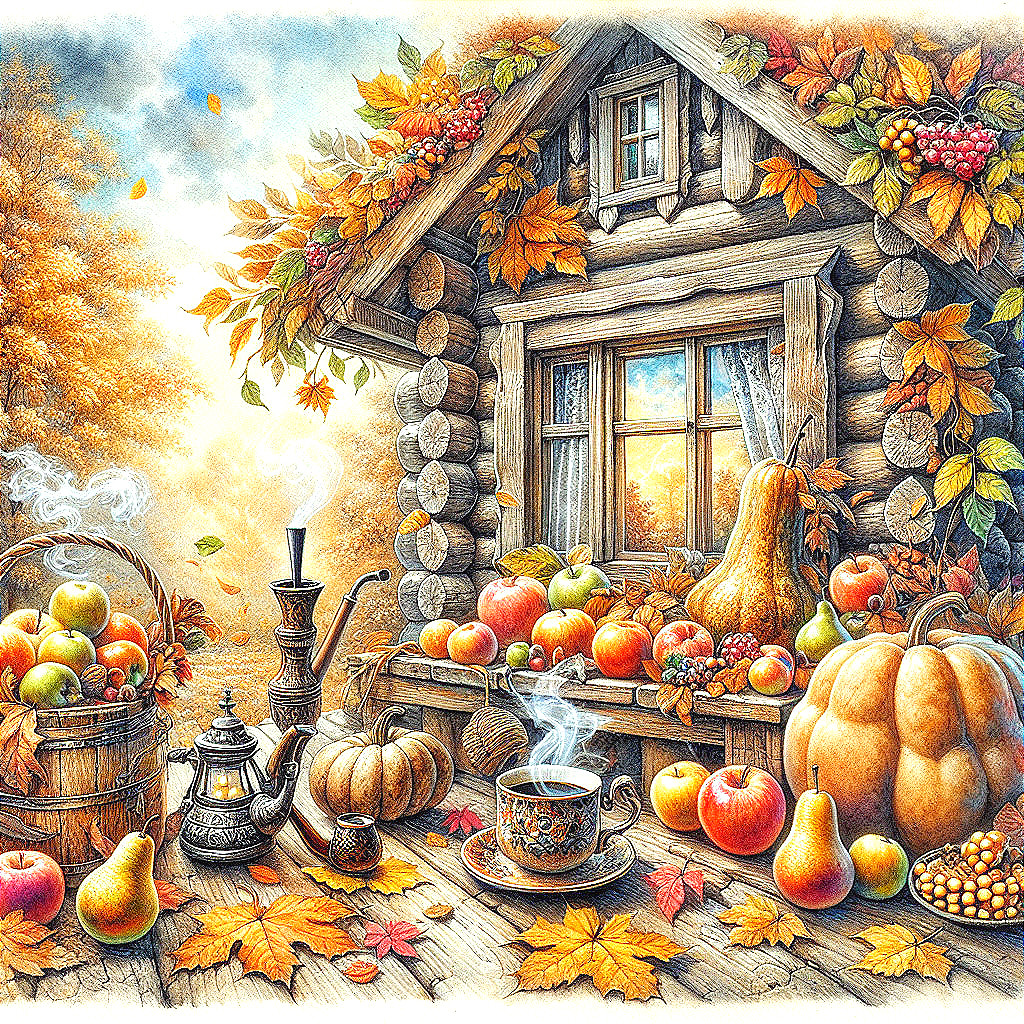 Cozy Wooden Cottage in Autumn Foliage and Harvest Decor