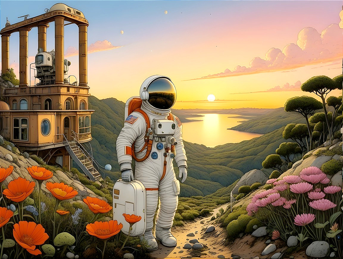 Astronaut in Spacesuit Overlooking Sunset Landscape