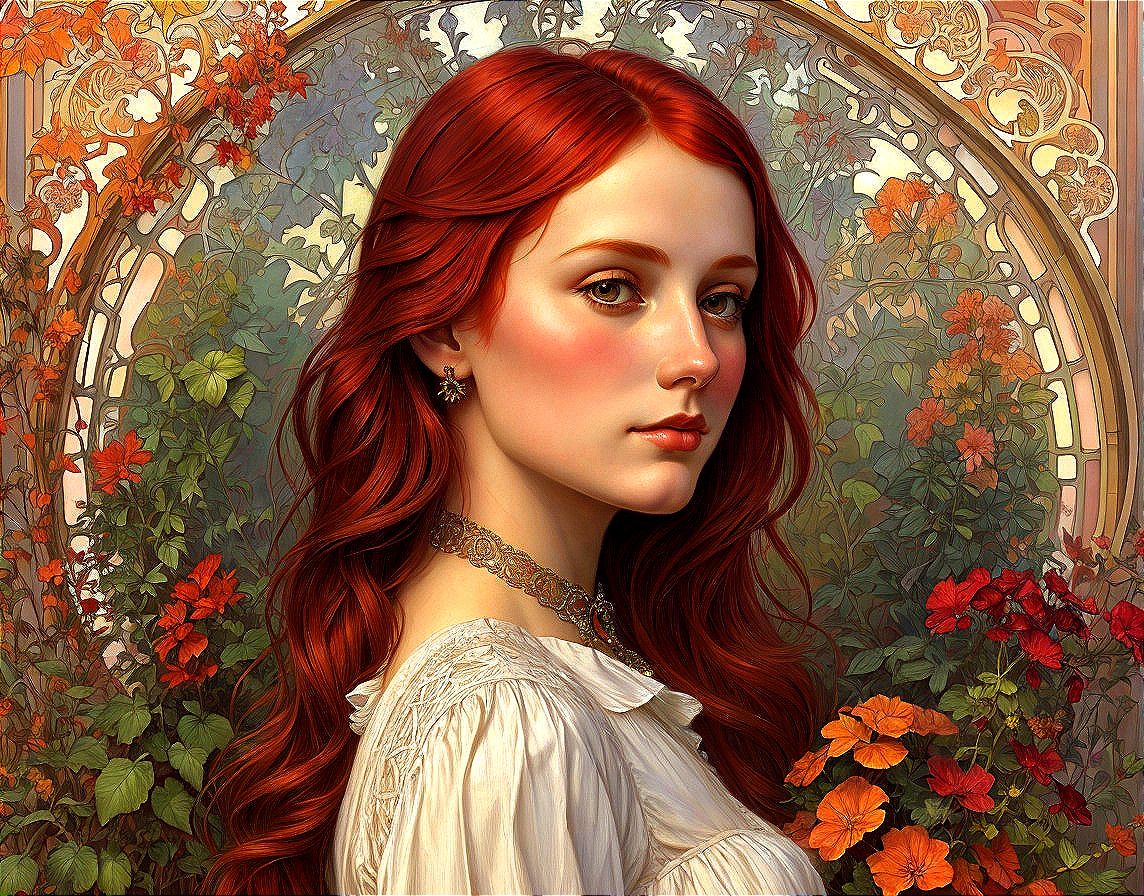 Detailed Art Nouveau Woman Portrait with Red Hair and Green Eyes on Floral Background