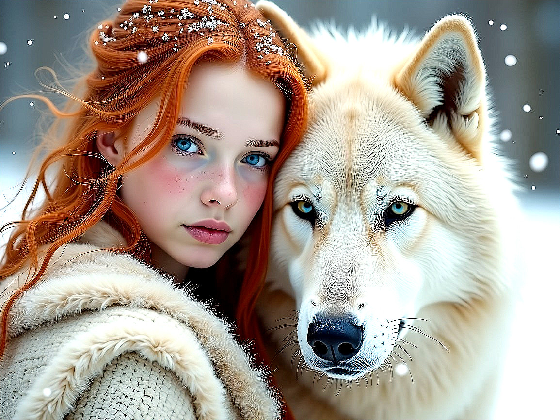 Young Woman with Red Hair and White Wolf in Snow