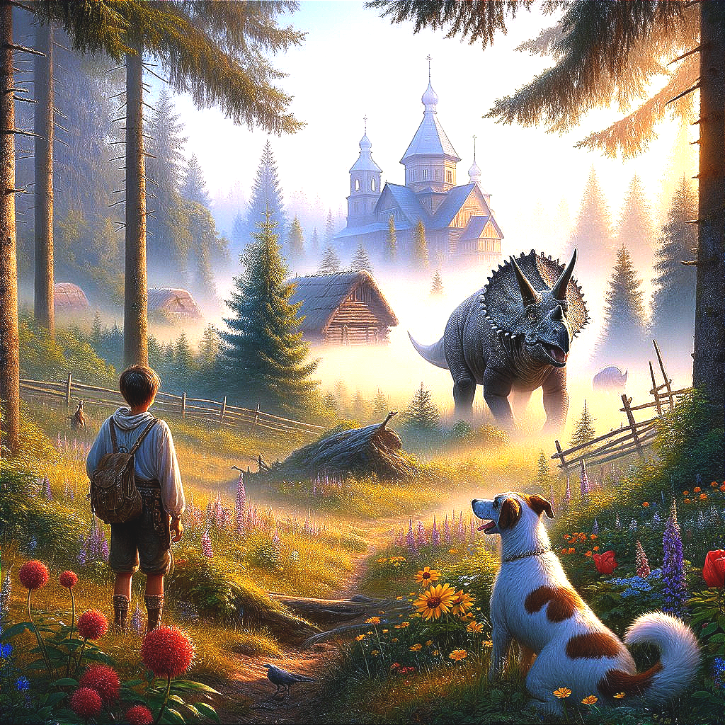Young Boy in Forest Clearing with Triceratops and Dog