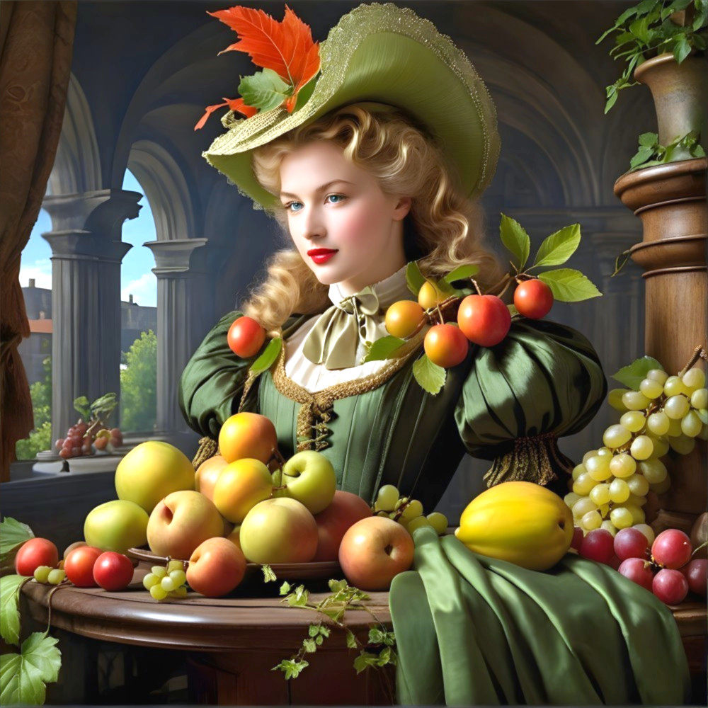 Woman in Green Gown Surrounded by Vibrant Fruits