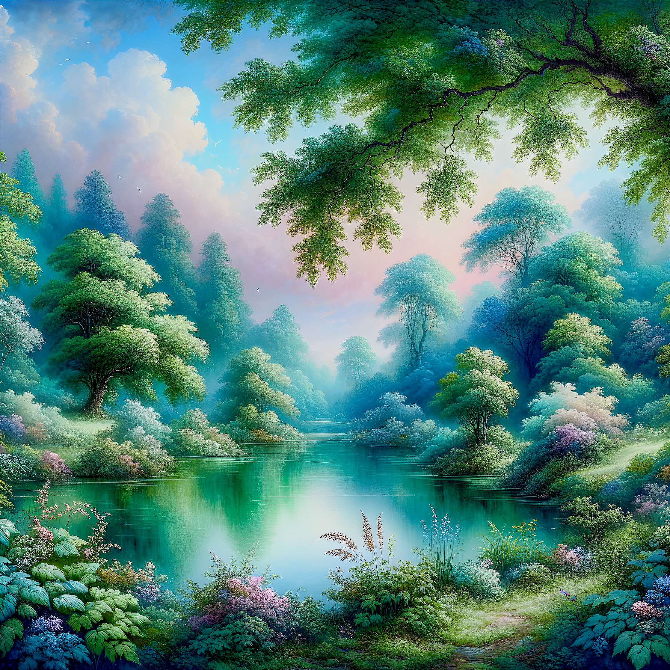 Tranquil Lake Surrounded by Lush Greenery and Foliage