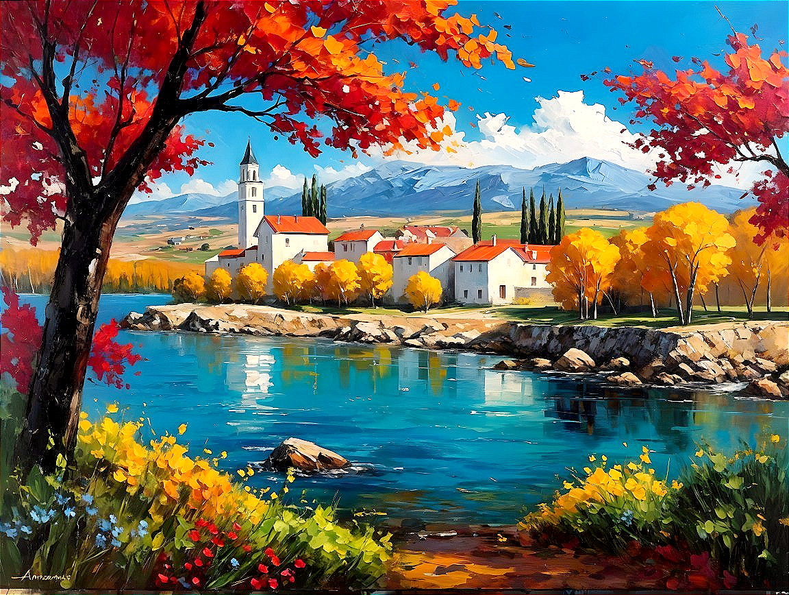 Vibrant Autumn Landscape with Serene Lake and Village