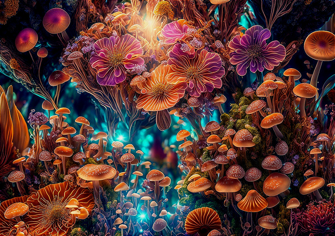 Enchanted forest digital art with luminescent mushrooms and exotic flora
