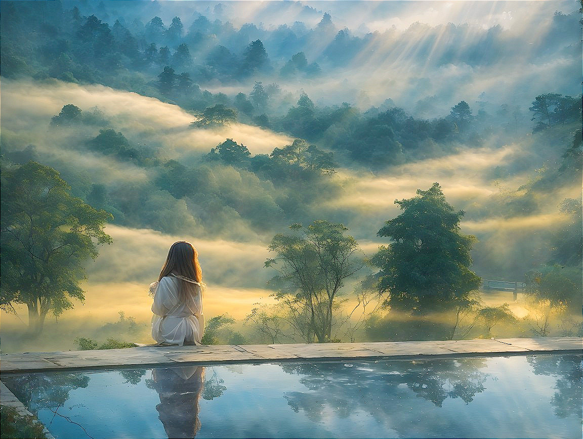 Woman by Tranquil Pool Overlooking Misty Valley