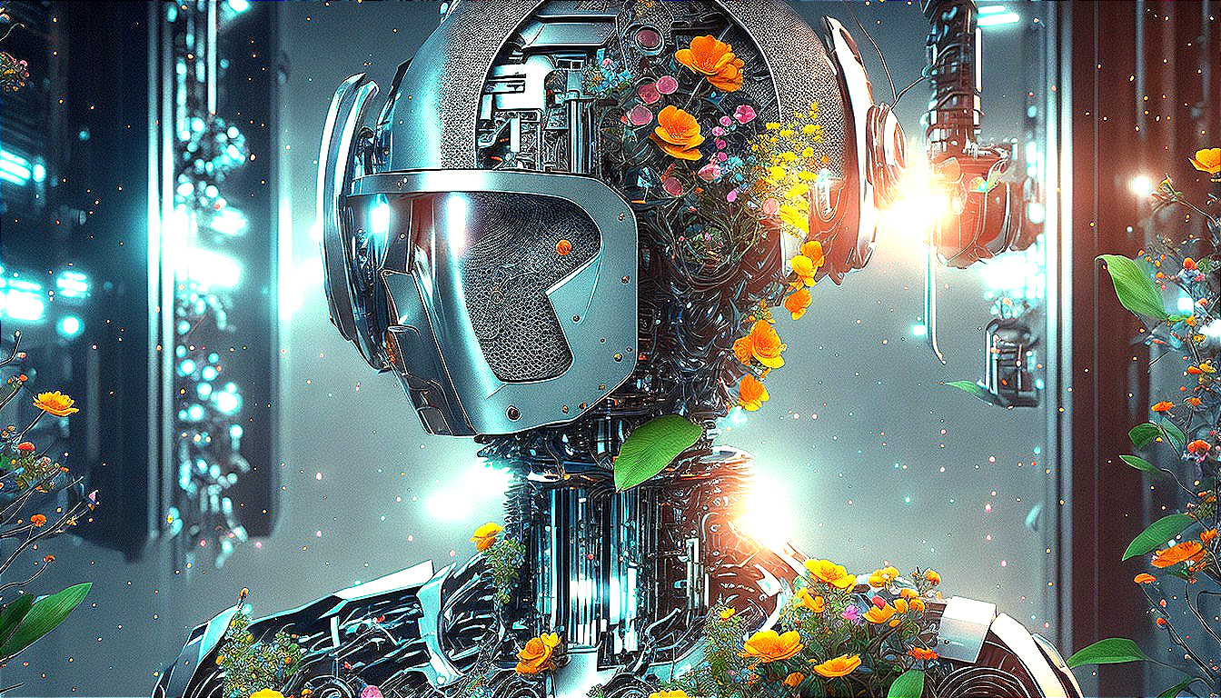 Futuristic robot head with vibrant flowers and mechanical details in industrial setting