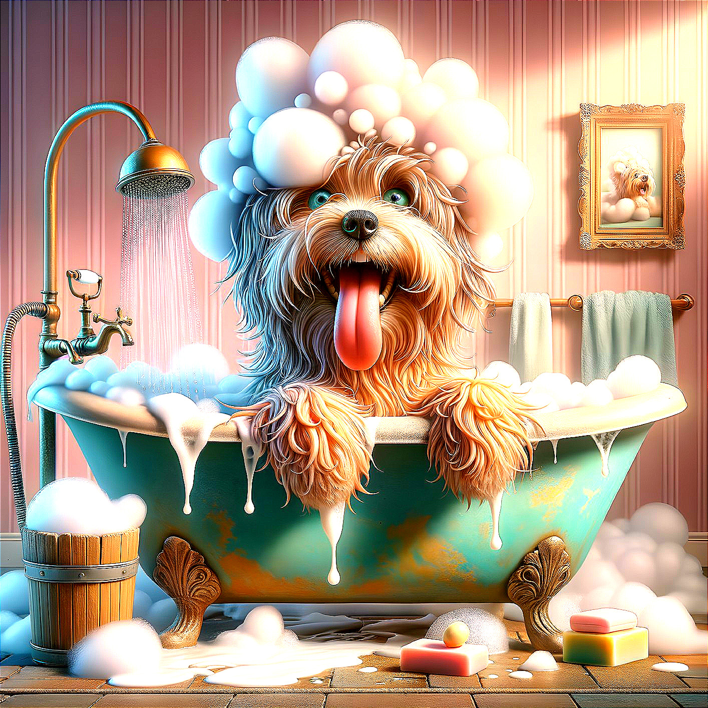 Fluffy dog bathes in clawfoot tub with long tongue and soap suds