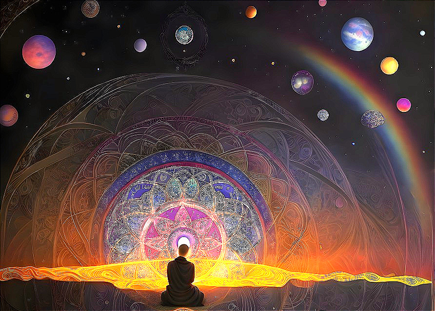 Meditative Figure in Vibrant Cosmic Landscape