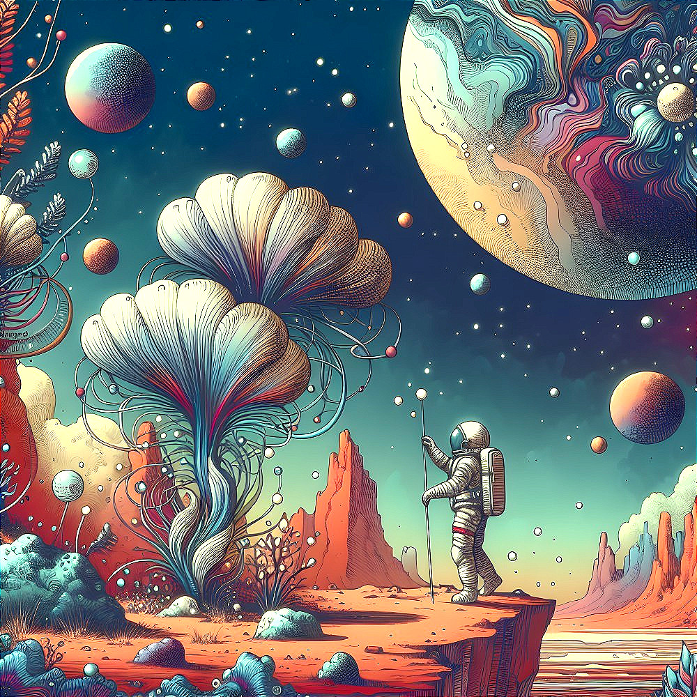 Vibrant Alien Landscape with Astronaut and Celestial Bodies