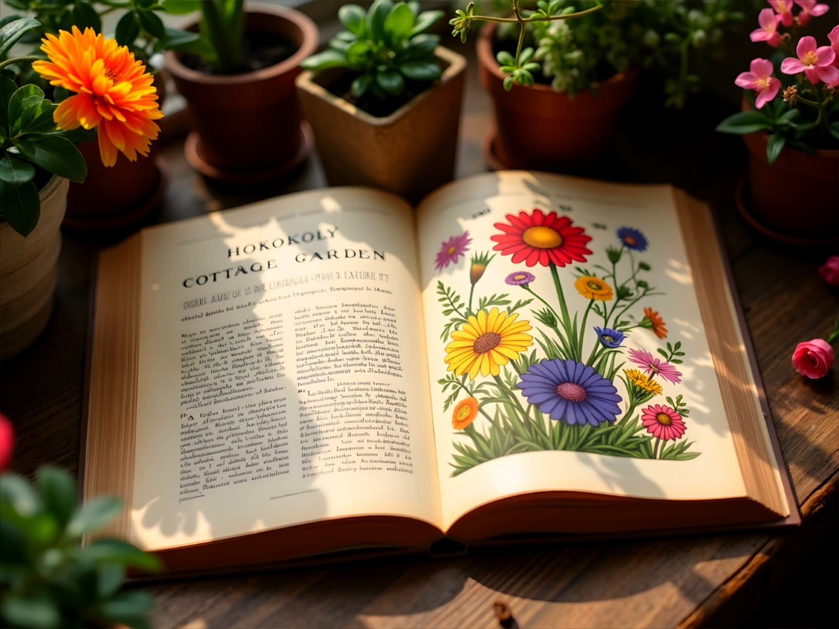 Open Book with Flower Illustrations on Wooden Table
