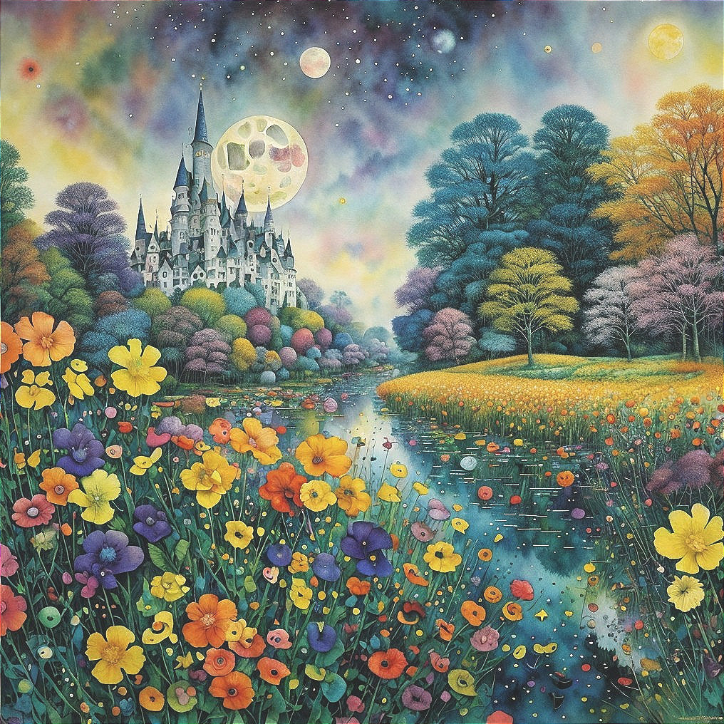 Whimsical Landscape with Castle and Colorful Trees