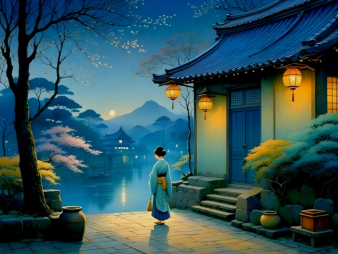 Woman in Traditional Attire by Twilight Waterway