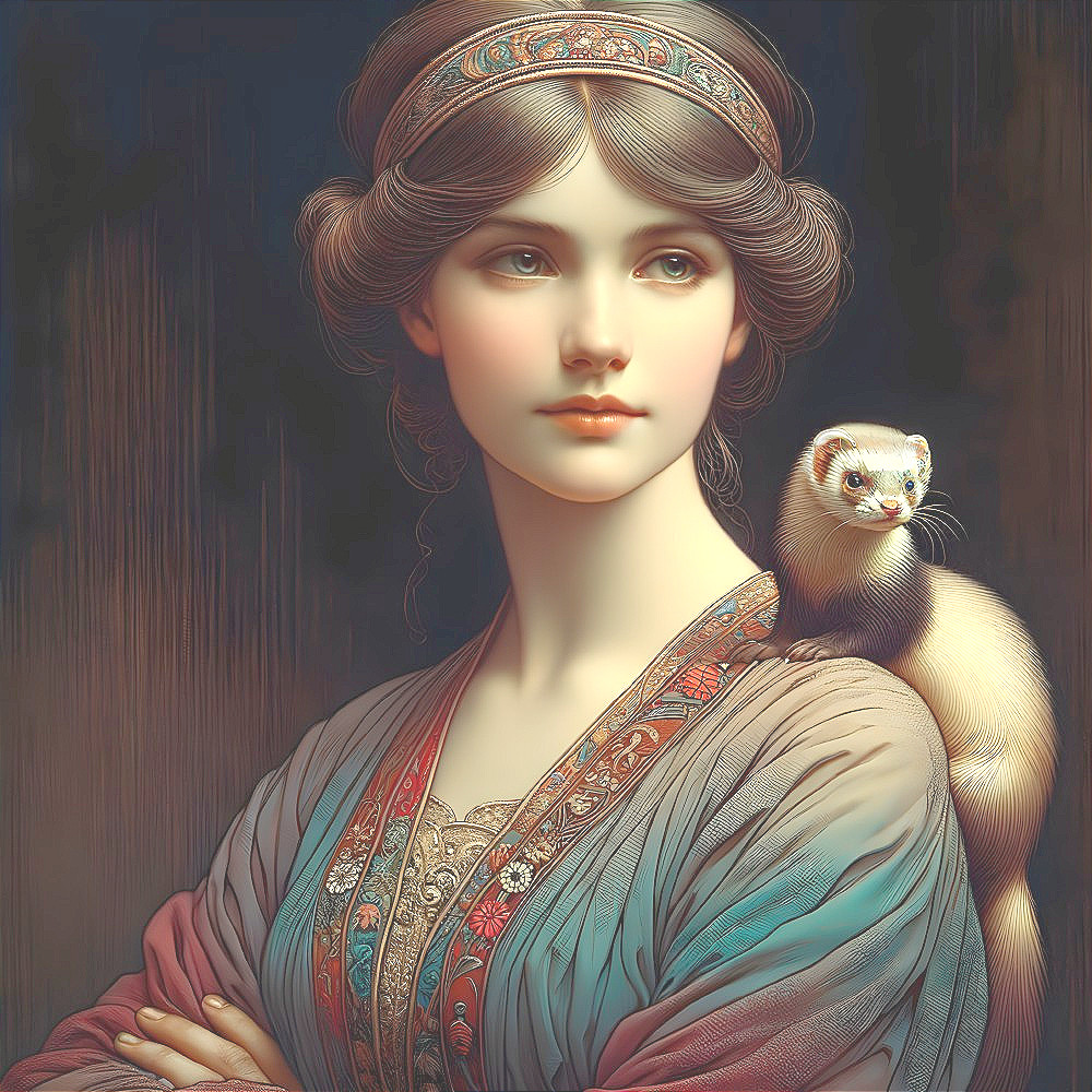 Serene young woman in embroidered gown with ferret