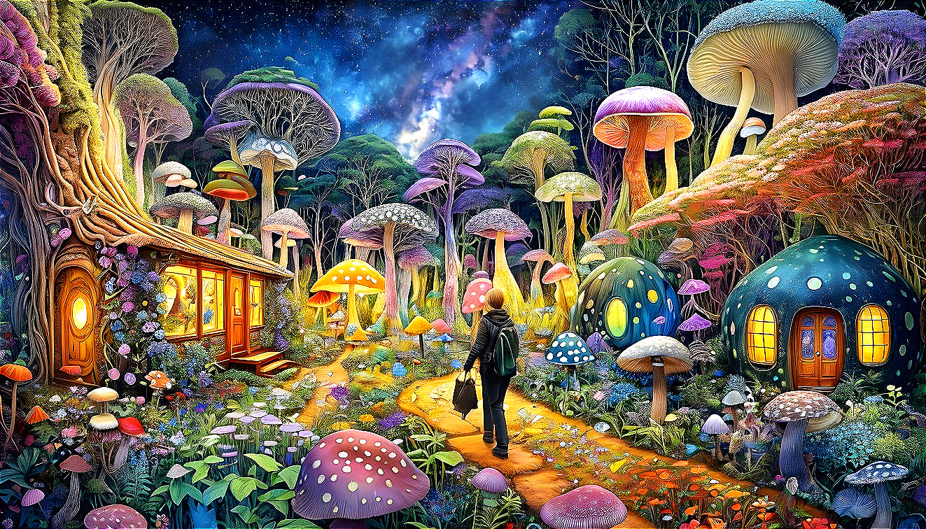 Vibrant Landscape with Colorful Mushrooms and Cottage