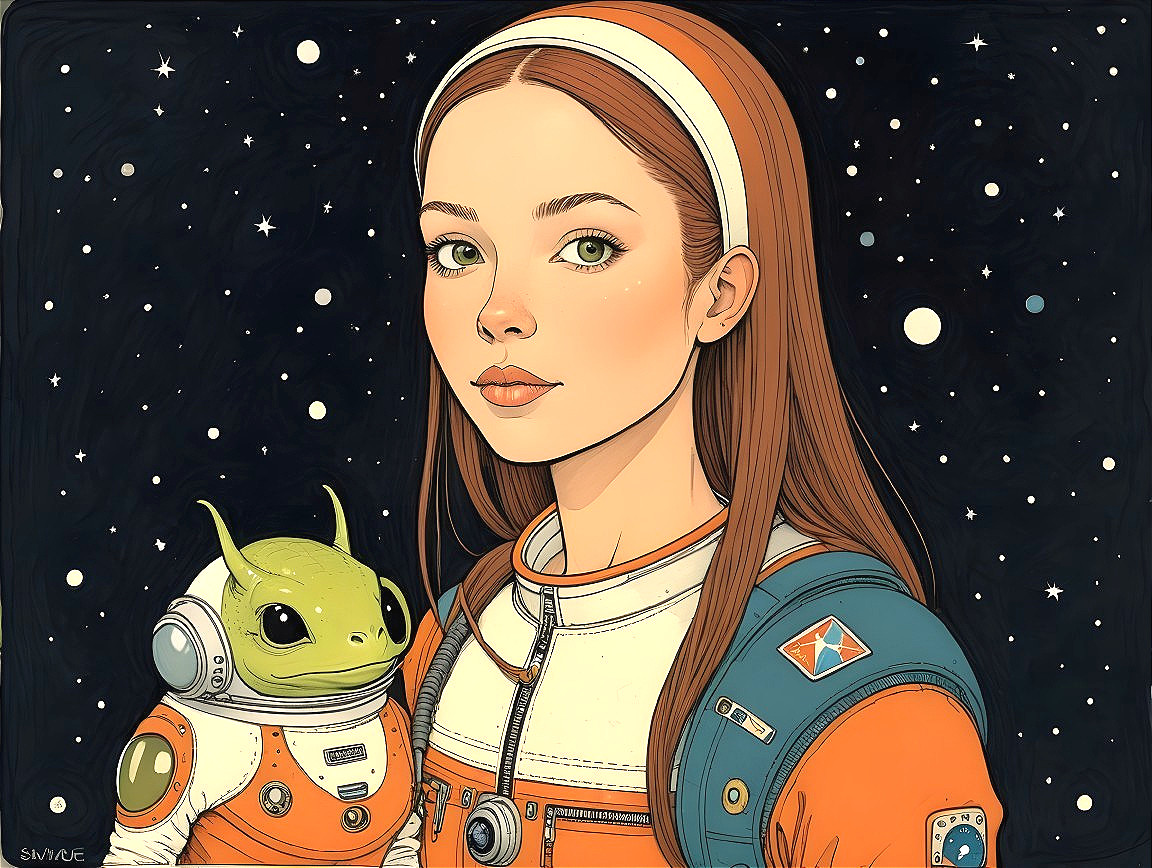 Young Astronaut and Green Alien in Space Setting