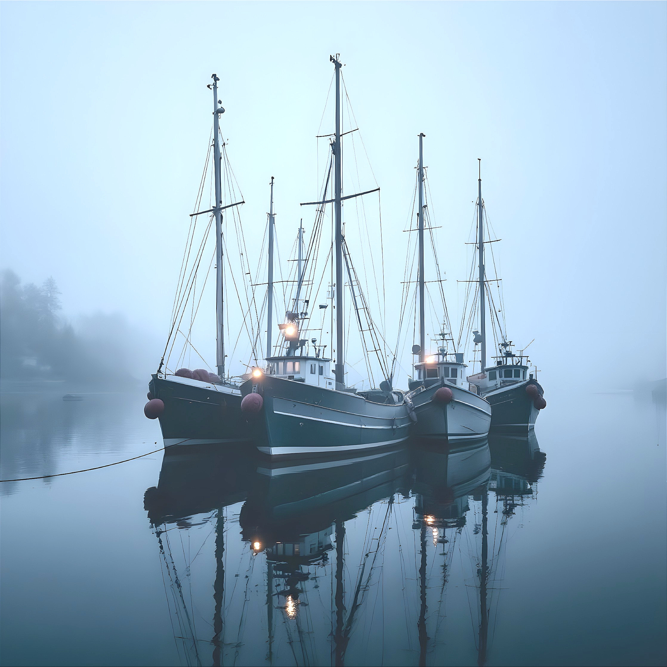 Serene Harbor with Fishing Boats in Misty Morning