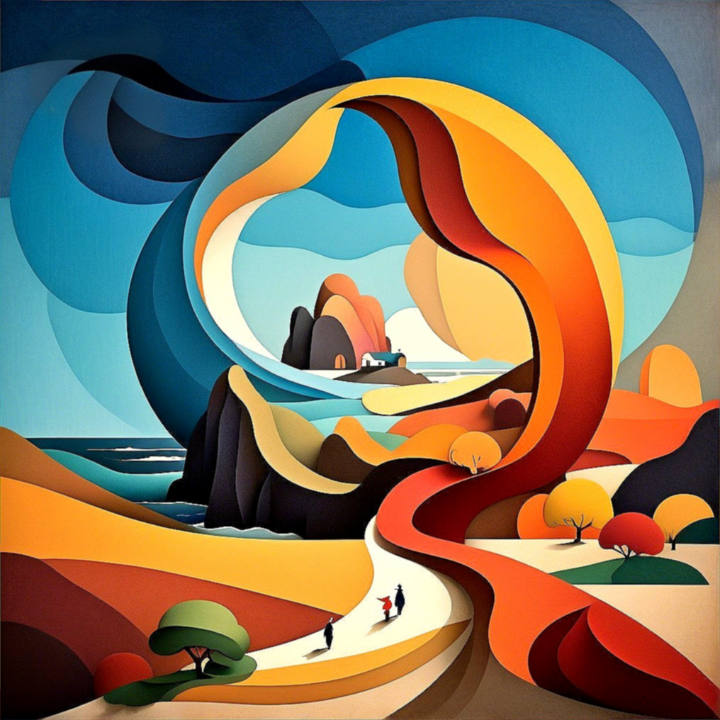 Vibrant Stylized Landscape with Surreal Elements