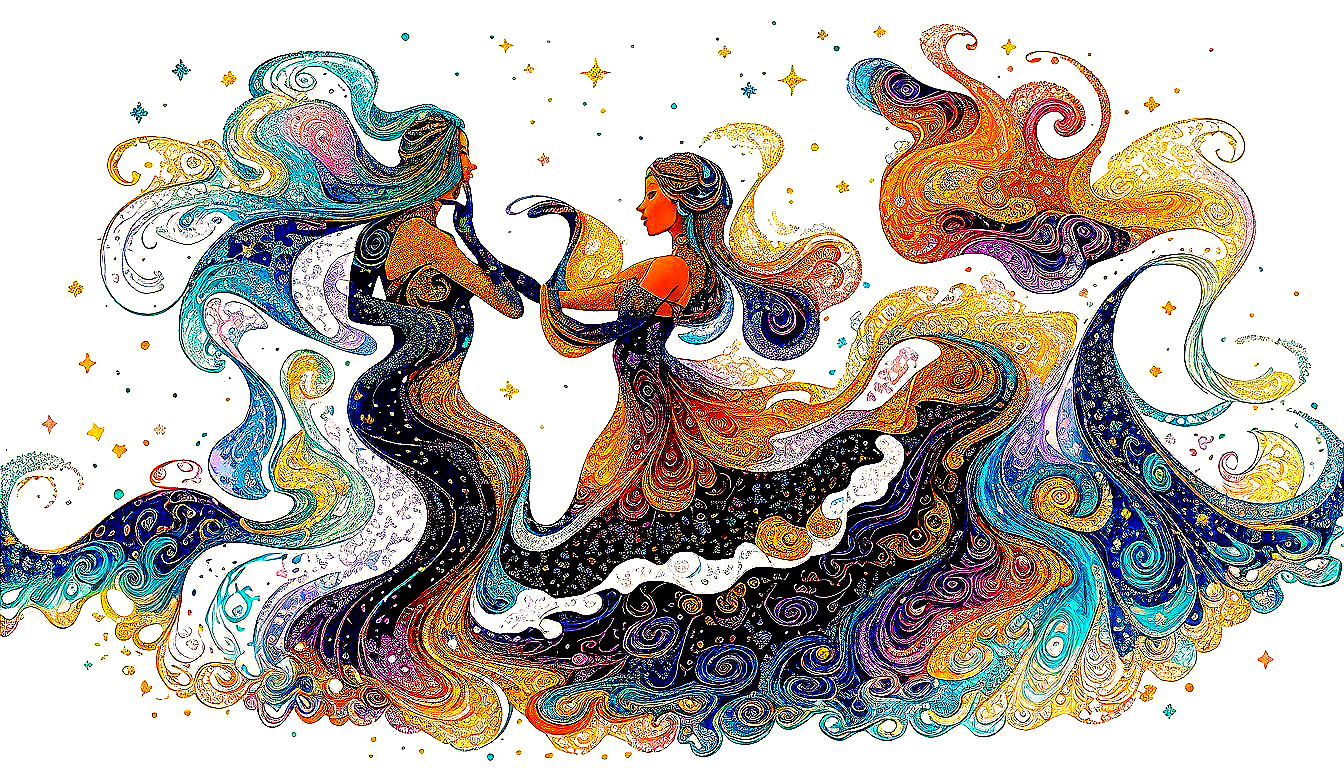Intertwined Figures in a Dreamy Starry Background